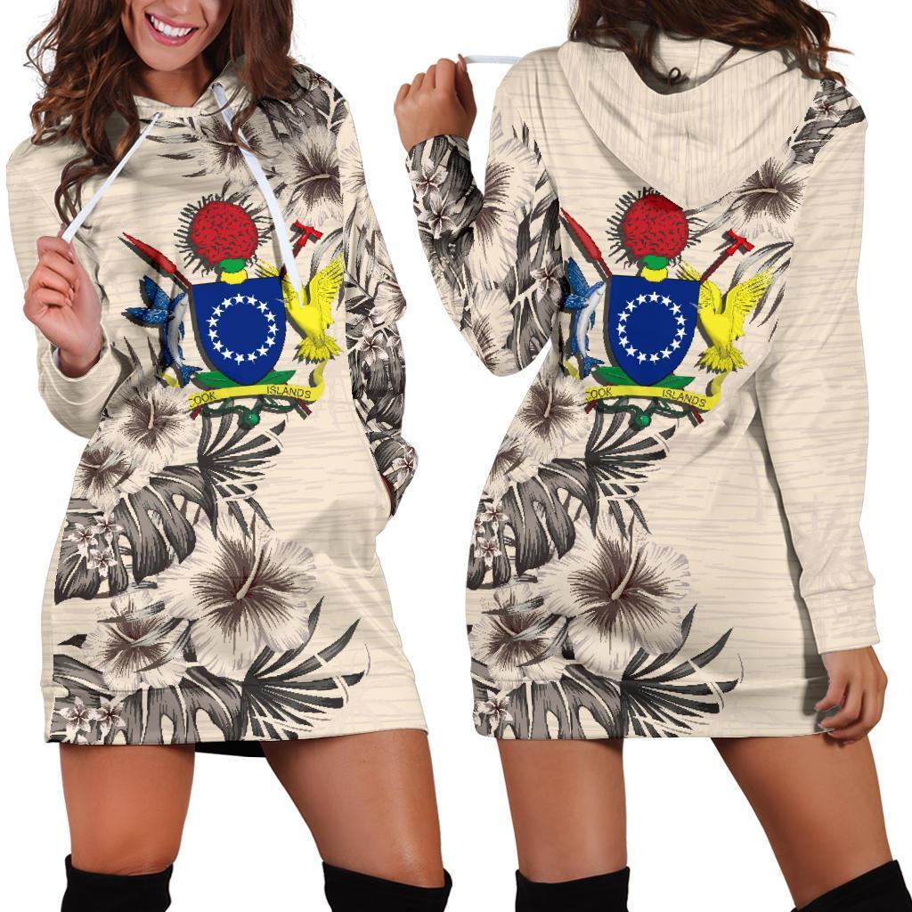 Cook Islands Hoodie Dress - Cook Islands Coat Of Arms & Beige Hibiscus White - Polynesian Pride