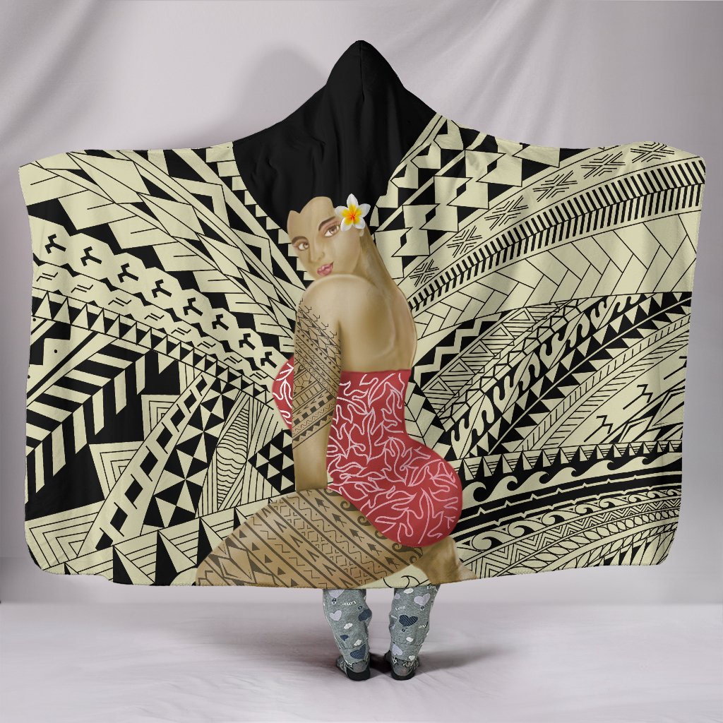 Hawaii Polynesian Hula Girl Wearing Plumeria Hooded Blanket Hooded Blanket Beige - Polynesian Pride