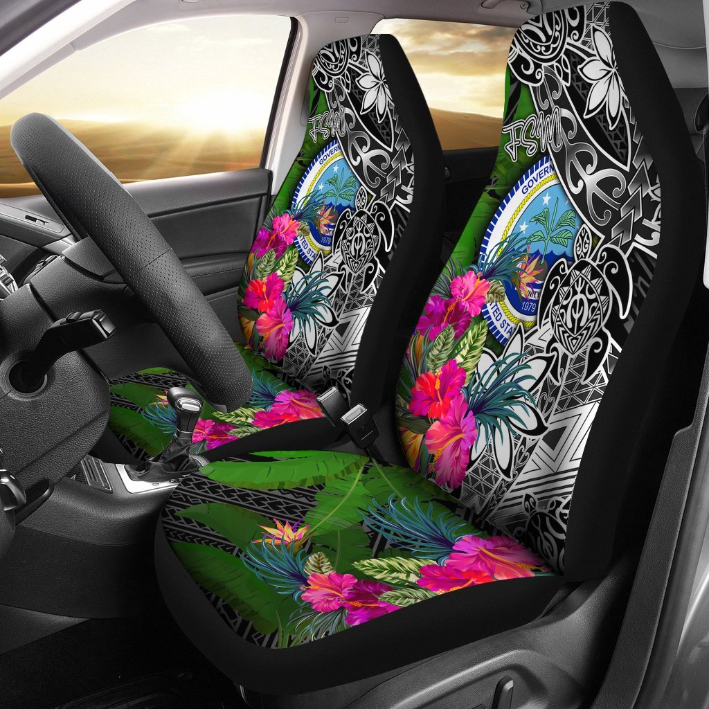 Federated States of Micronesia Car Seat Covers - Turtle Plumeria Banana Leaf Universal Fit Black - Polynesian Pride