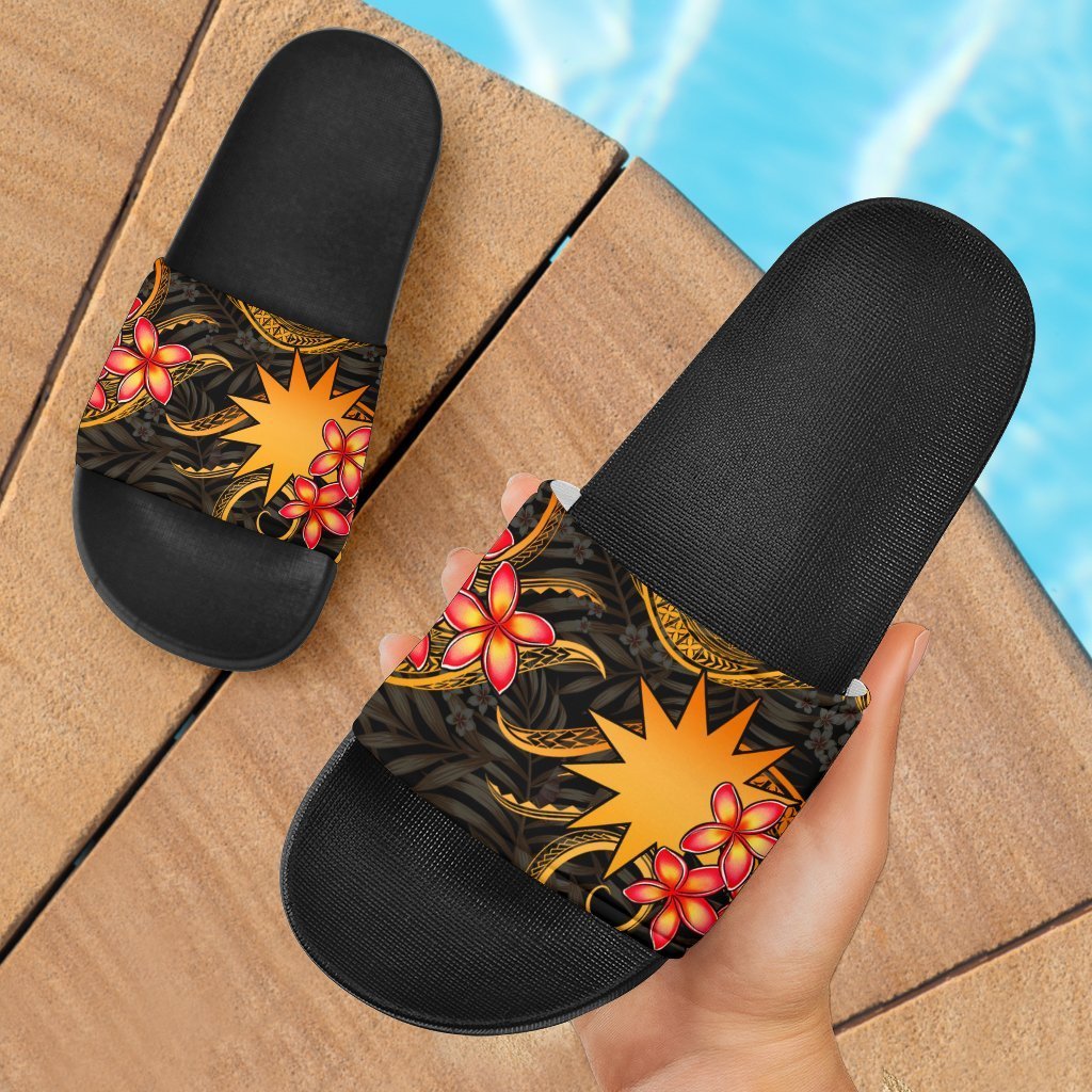 Nauru Slide Sandals - Gold Plumeria Black - Polynesian Pride