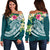 Tahiti Polynesian Women's Off Shoulder Sweater - Summer Plumeria (Turquoise) Turquoise - Polynesian Pride