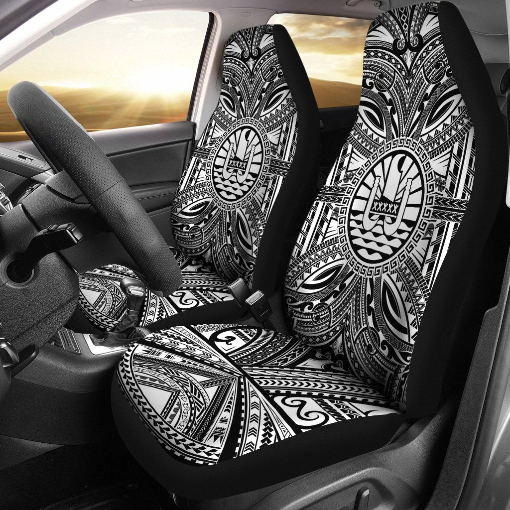 Tahiti Car Seat Cover - Tahiti Coat Of Arms Polynesian White Black Universal Fit Black - Polynesian Pride