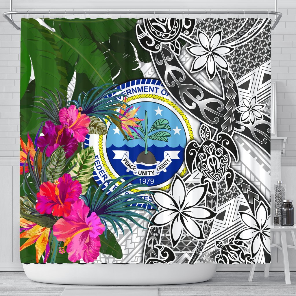 Federated States of Micronesia Shower Curtain White - Turtle Plumeria Banana Leaf 177 x 172 (cm) White - Polynesian Pride