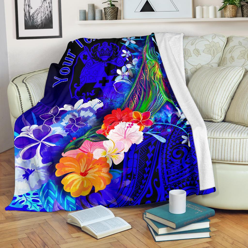 Tonga Custom Personalised Premium Blanket - Humpback Whale with Tropical Flowers (Blue) White - Polynesian Pride