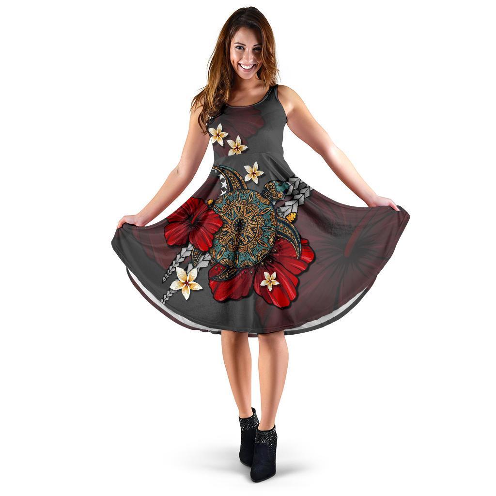 Cook Islands Dress - Gray Turtle Tribal Midi Dress - . Gray - Polynesian Pride