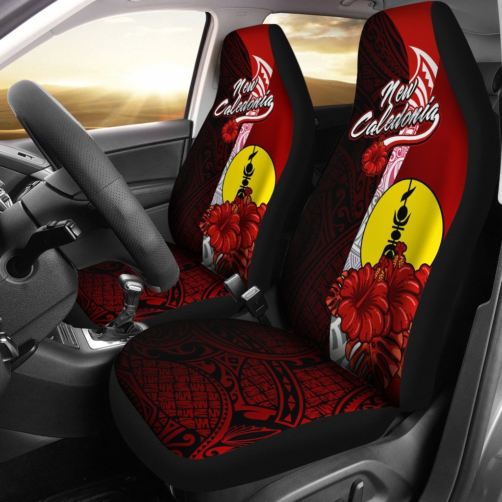 New Caledonia Polynesian Car Seat Covers - Coat Of Arm With Hibiscus Universal Fit Red - Polynesian Pride