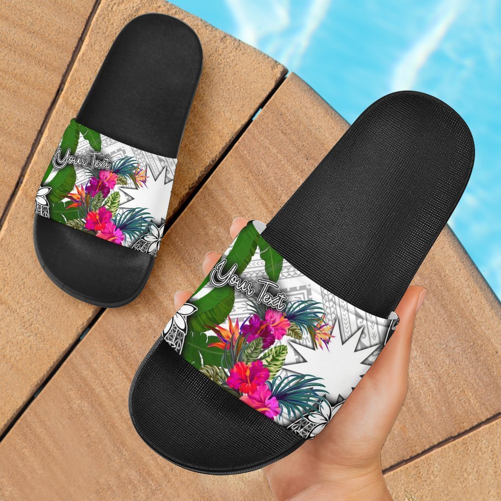 Nauru Custom Personalised Slide Sandals White - Turtle Plumeria Banana Leaf Black - Polynesian Pride