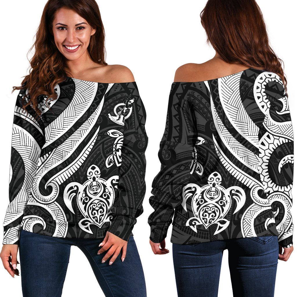 Vanuatu Women's Off Shoulder Sweater - White Tentacle Turtle White - Polynesian Pride