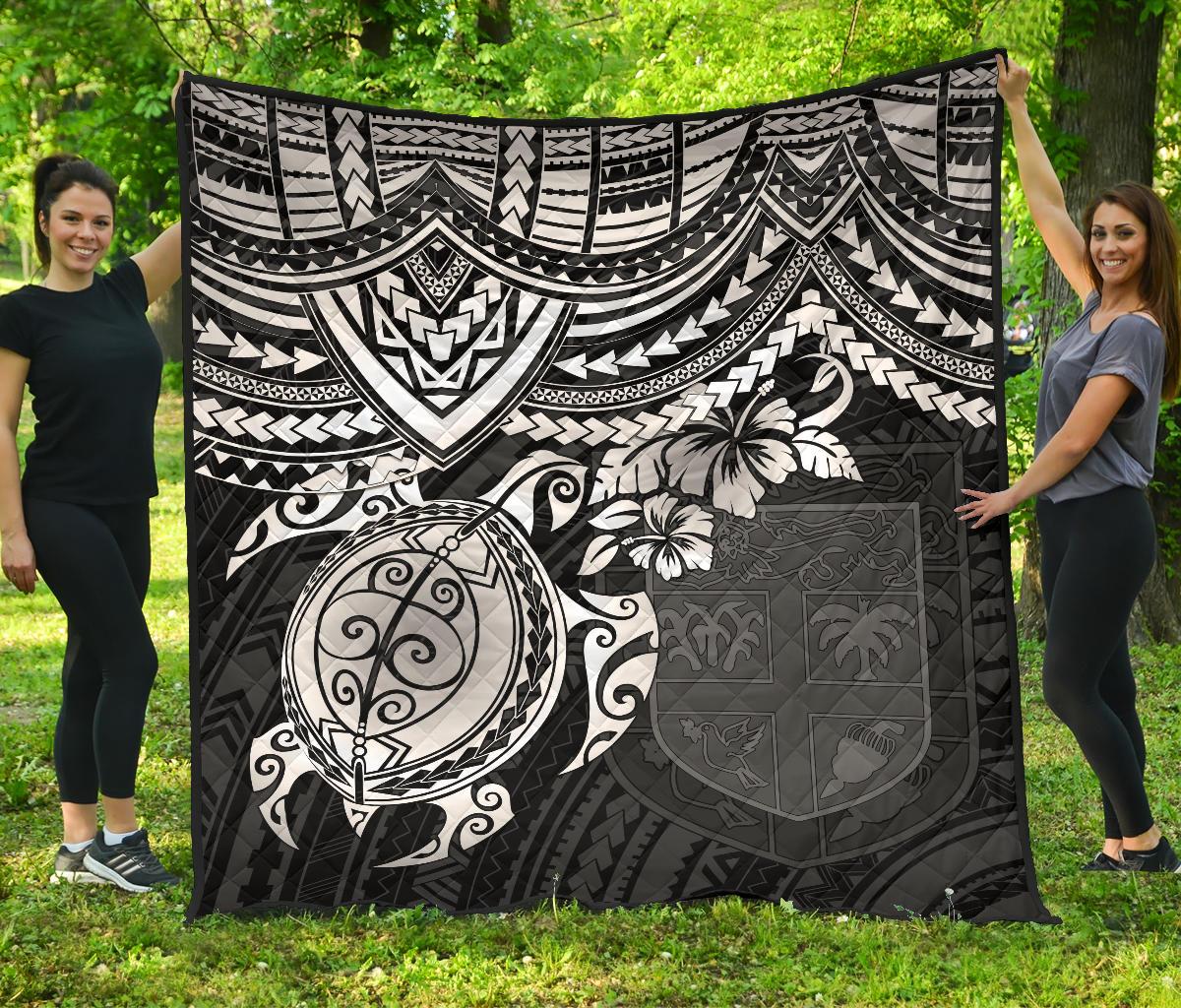 Fiji Polynesian Premium Quilt - Fiji Flag & White Turtle Hibiscus WHITE - Polynesian Pride