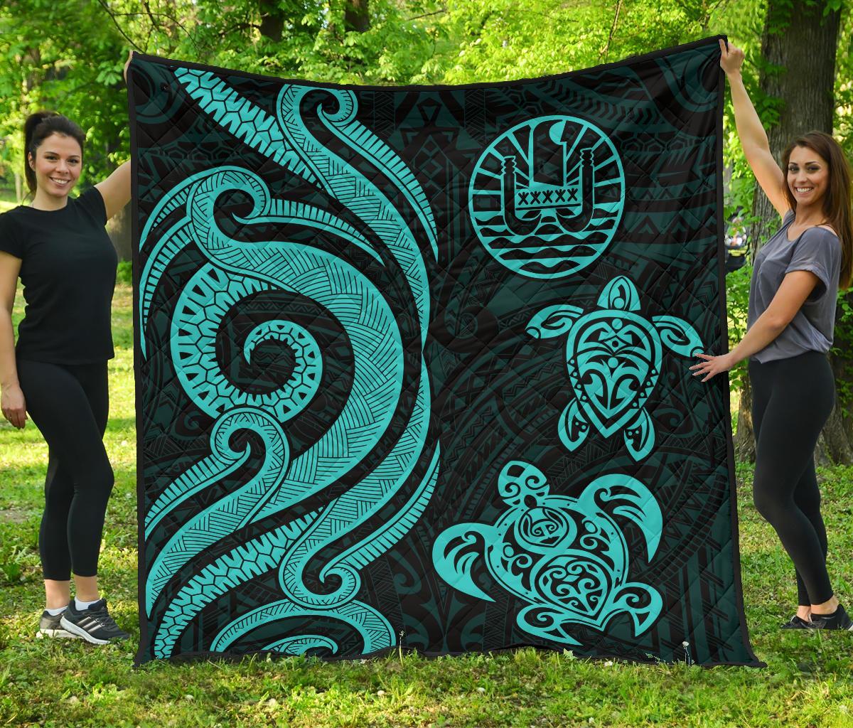 Tahiti Polynesian Premium Quilt - Turquoise Tentacle Turtle Turquoise - Polynesian Pride