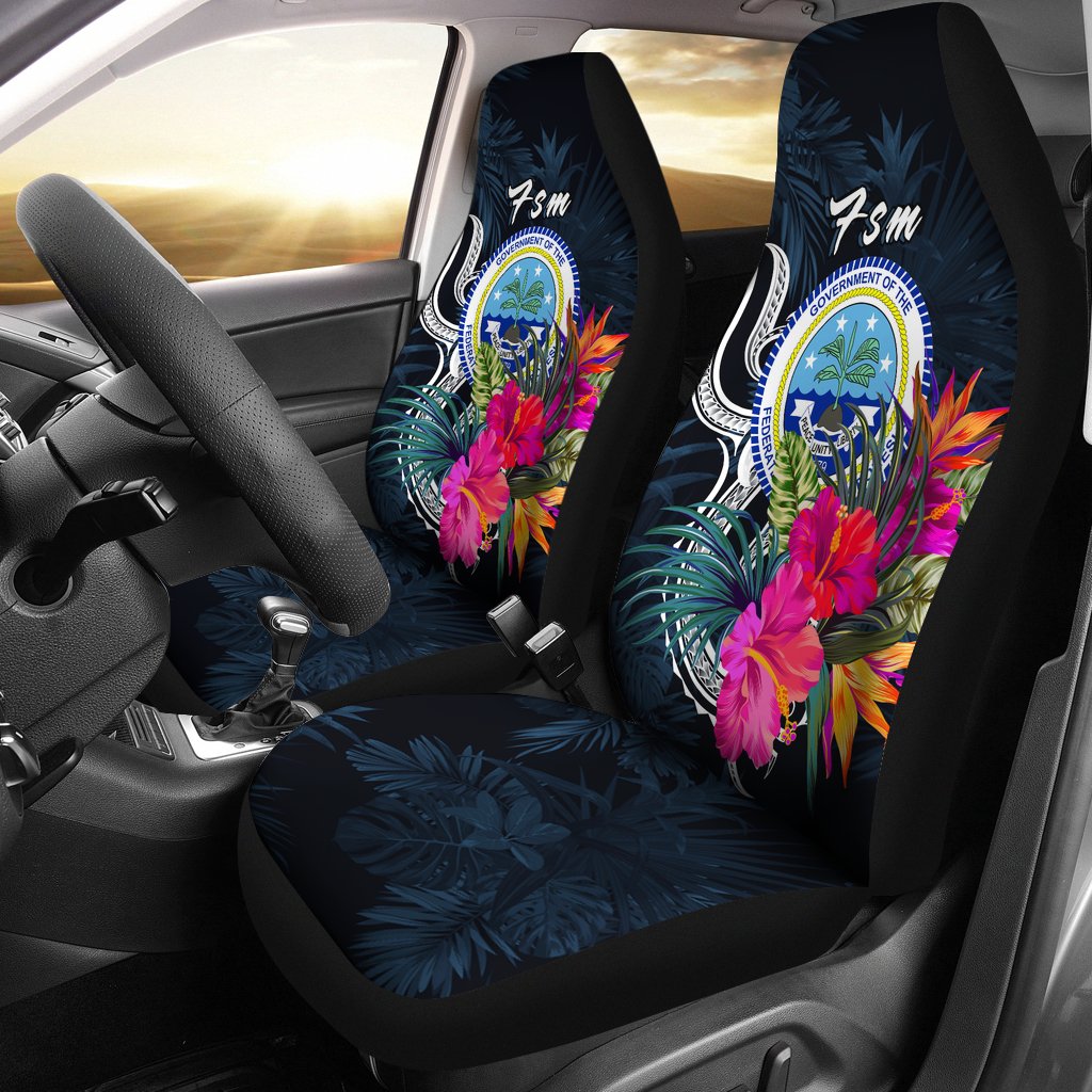 Federated States of Micronesia Car Seat Covers - Tropical Flower Universal Fit Blue - Polynesian Pride