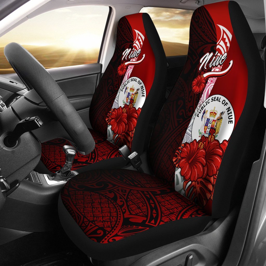 Niue Polynesian Car Seat Covers - Coat Of Arm With Hibiscus Universal Fit Red - Polynesian Pride