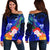 Yap Women's Off Shoulder Sweater - Humpback Whale with Tropical Flowers (Blue) Blue - Polynesian Pride