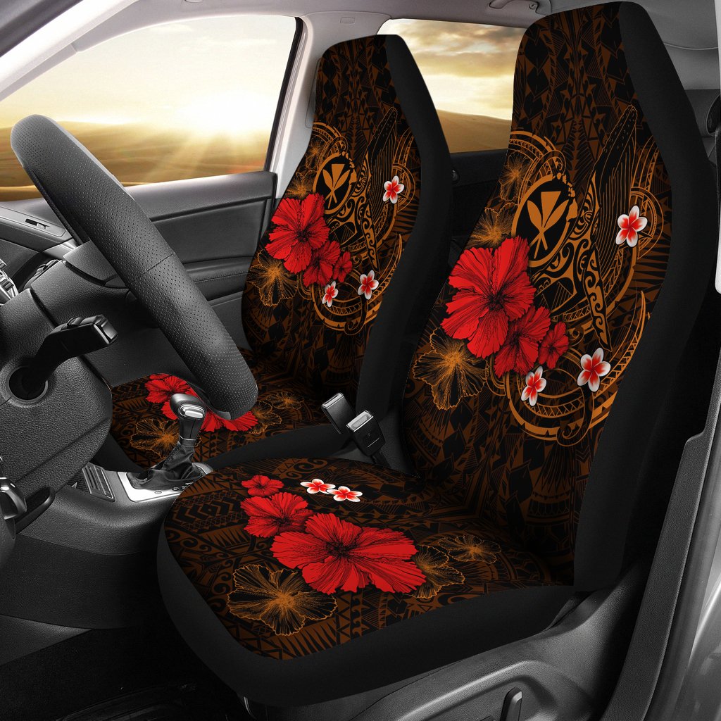 Polynesian Hawaii Kanaka Maoli Car Seat Covers - Humpback Whale with Hibiscus (Golden) Universal Fit Golden - Polynesian Pride