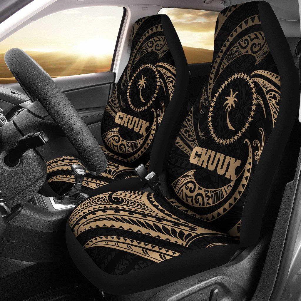 Chuuk Micronesia Car Seat Covers - Gold Tribal Wave Universal Fit Gold - Polynesian Pride