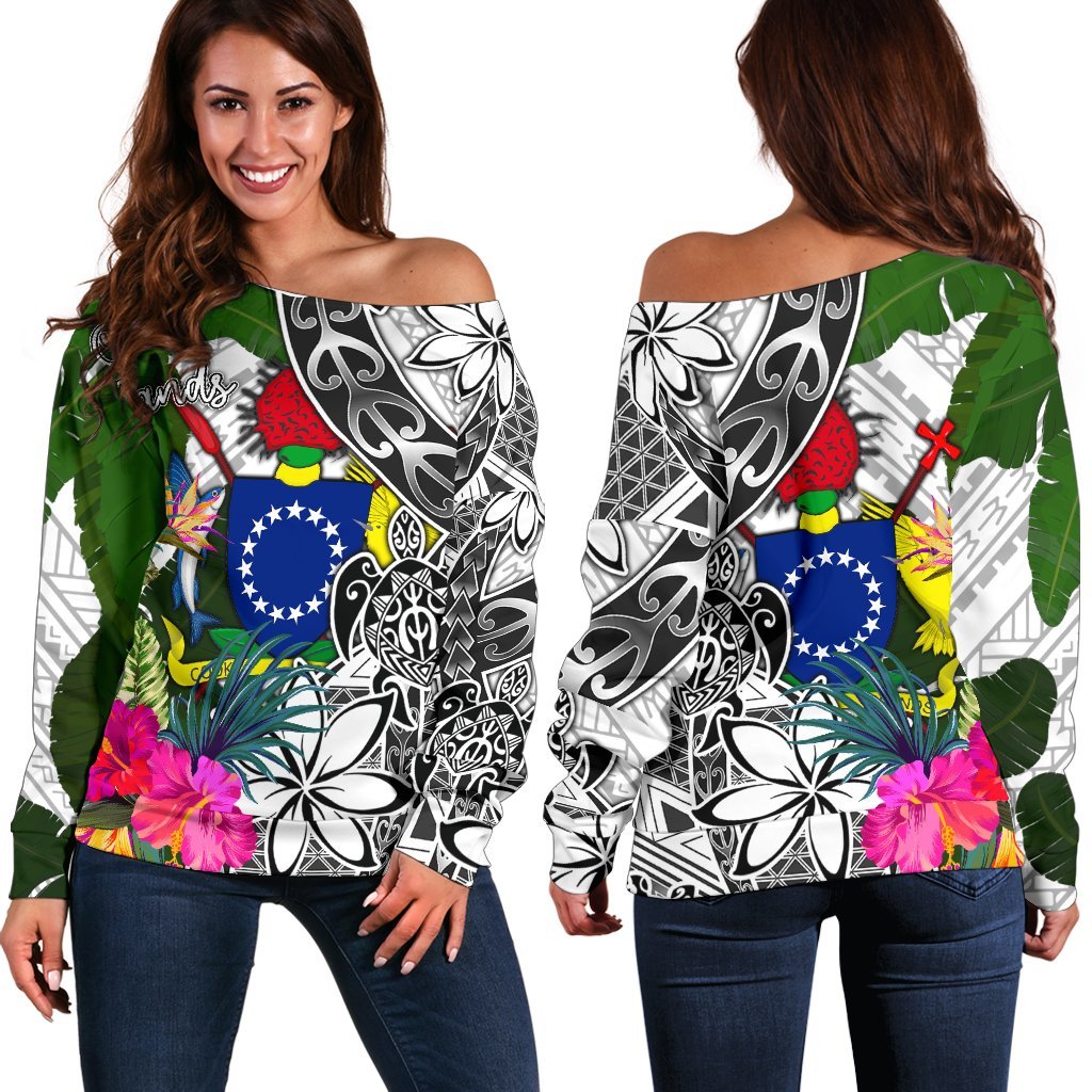 Cook Islands Women's Off Shoulder Sweater White - Turtle Plumeria Banana Leaf White - Polynesian Pride