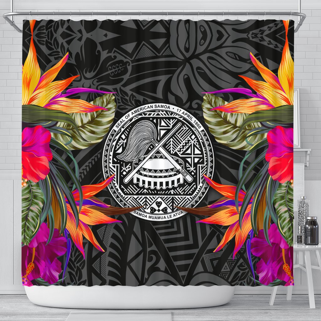 American Samoa Shower Curtain - Polynesian Hibiscus Pattern 177 x 172 (cm) Black - Polynesian Pride