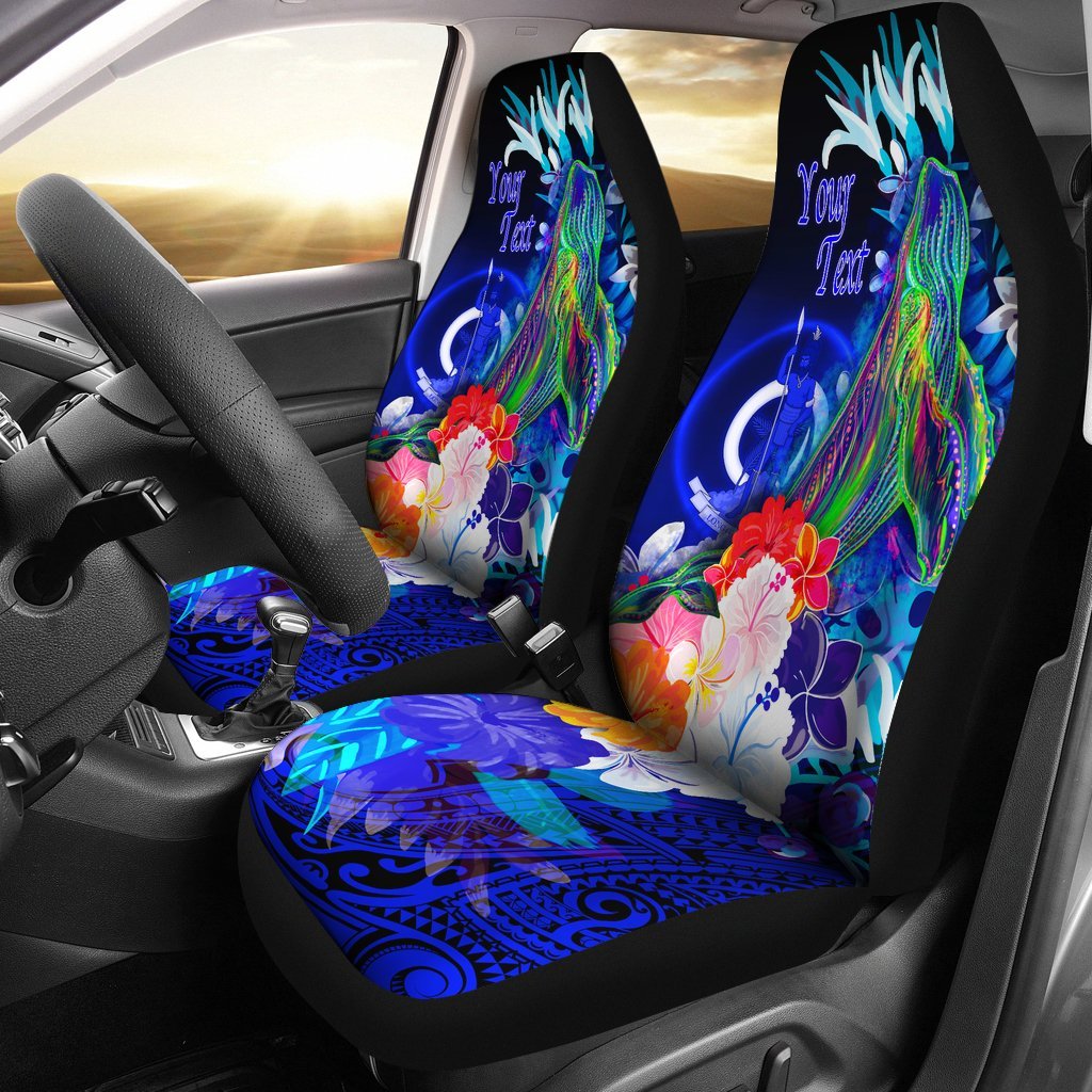 Vanuatu Custom Personalised Car Seat Covers - Humpback Whale with Tropical Flowers (Blue) Universal Fit Blue - Polynesian Pride