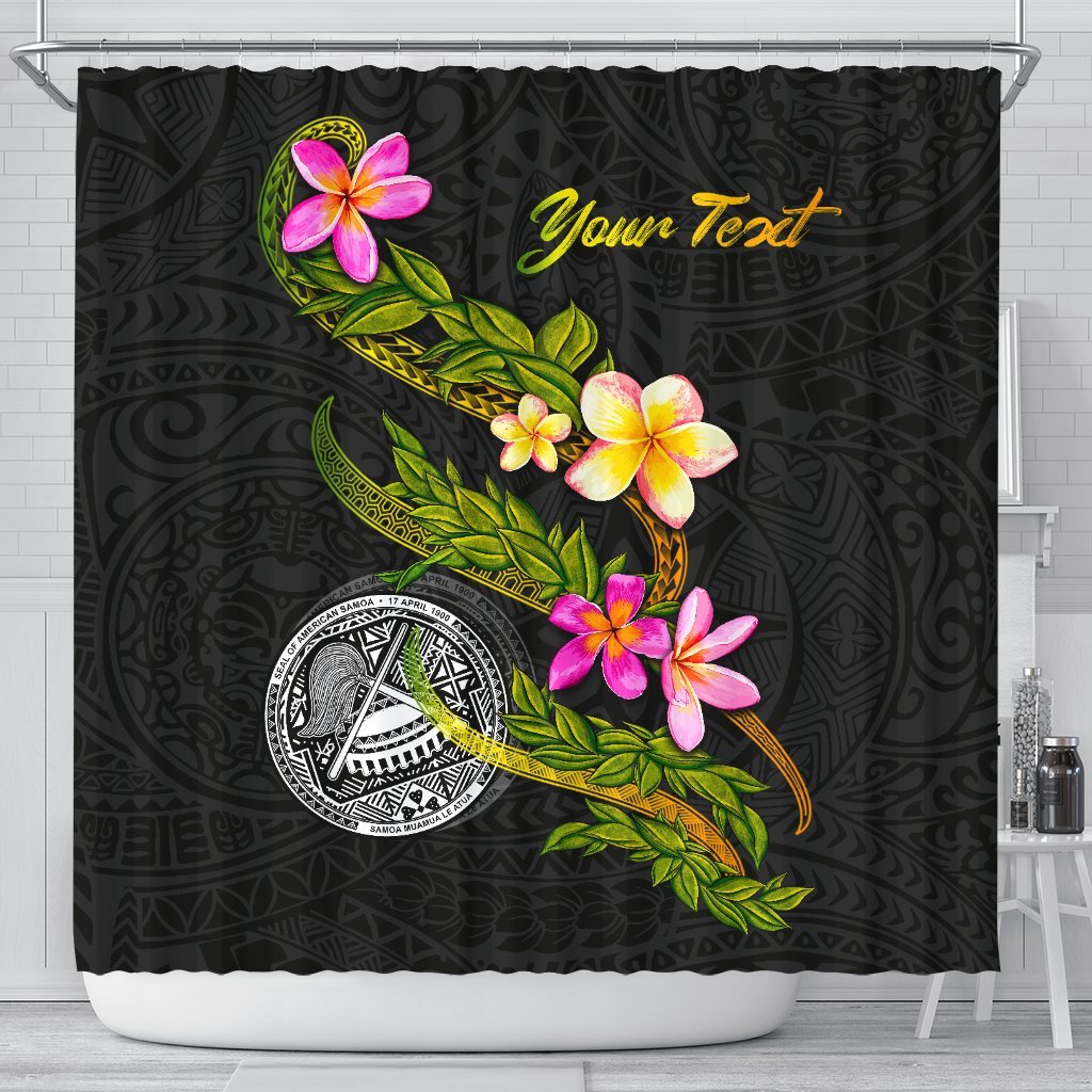 American Samoa Polynesian Custom Personalised Shower Curtain - Plumeria Tribal 177 x 172 (cm) Black - Polynesian Pride