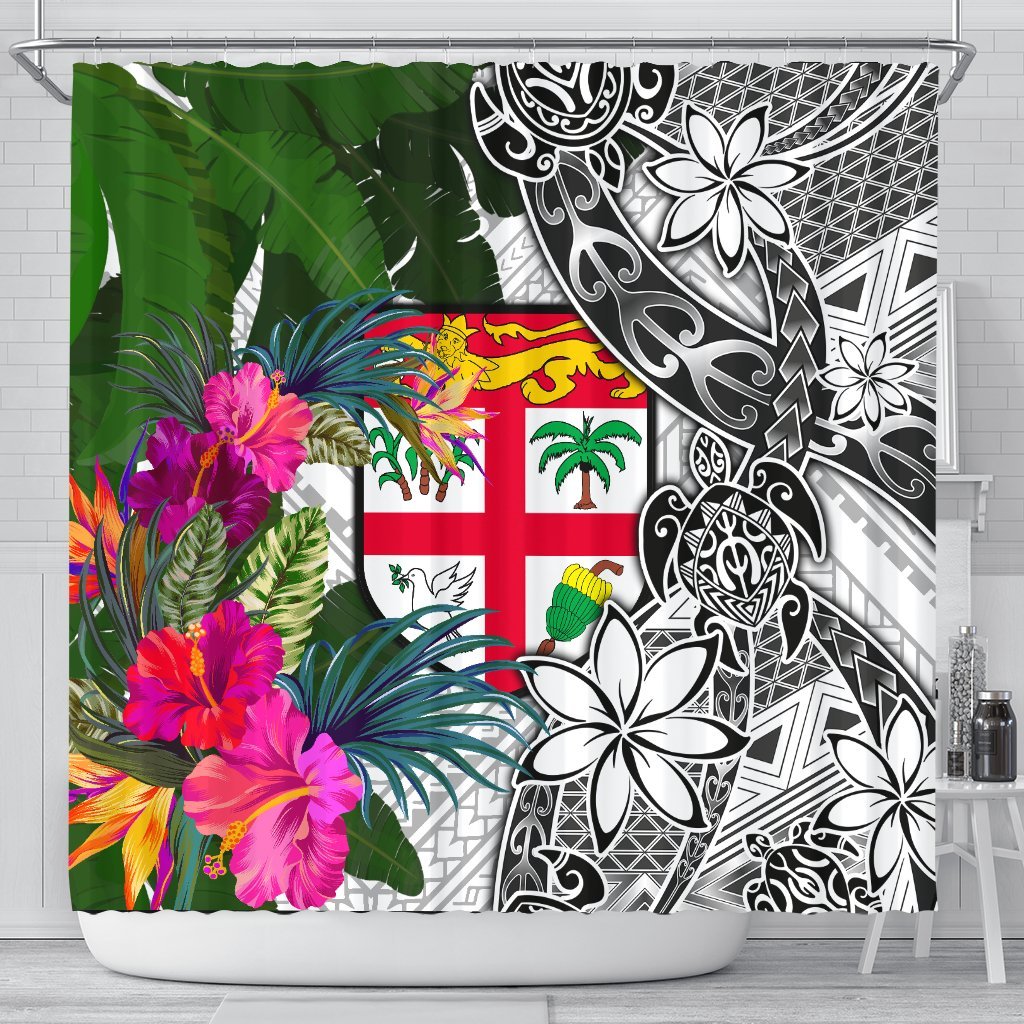 Fiji Shower Curtain White - Turtle Plumeria Banana Leaf 177 x 172 (cm) White - Polynesian Pride