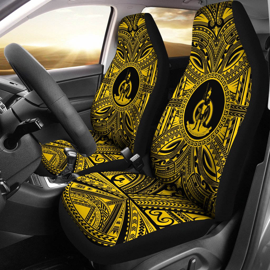 Vanuatu Car Seat Cover - Vanuatu Coat Of Arms Polynesian Gold Black Universal Fit Gold - Polynesian Pride