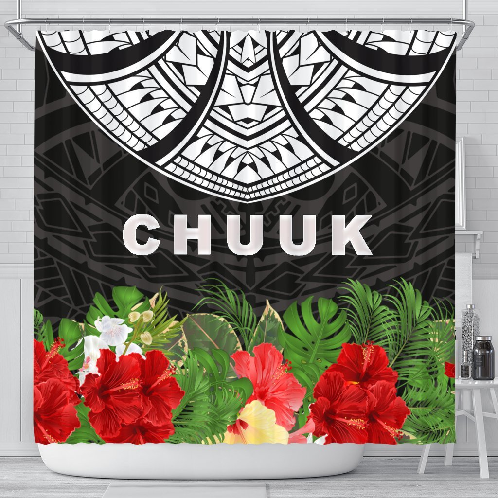 Chuuk Shower Curtain - Ginger Lei Pattern 177 x 172 (cm) Black - Polynesian Pride