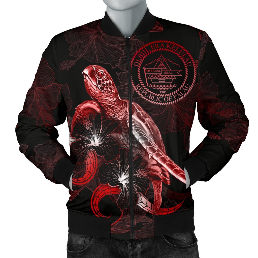 Palau Polynesian Men's Bomber Jacket - Turtle With Blooming Hibiscus Red Red - Polynesian Pride