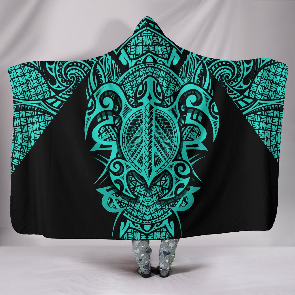 Hawaii Turtle Polynesian Hooded Blanket - Turquoise - Armor Style Hooded Blanket Blue - Polynesian Pride