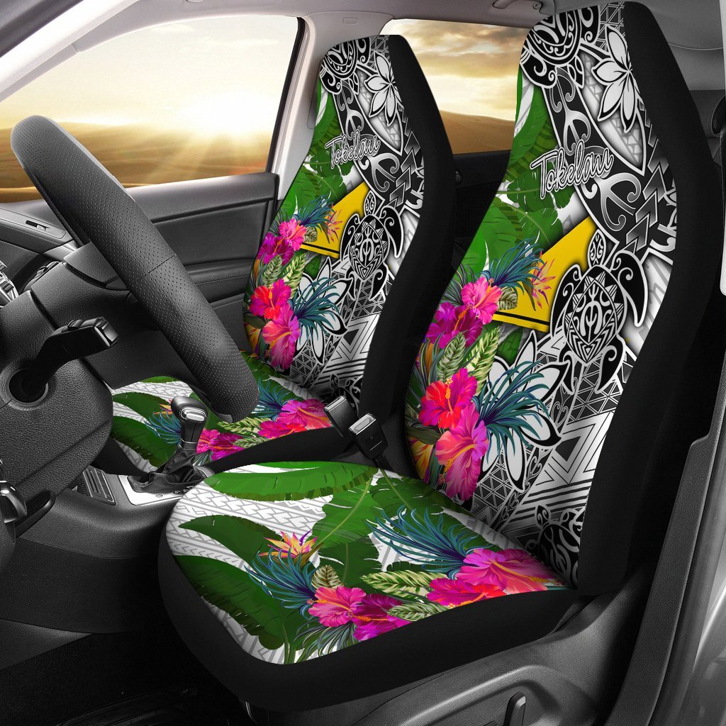 Tokelau Car Seat Covers White - Turtle Plumeria Banana Leaf Universal Fit White - Polynesian Pride