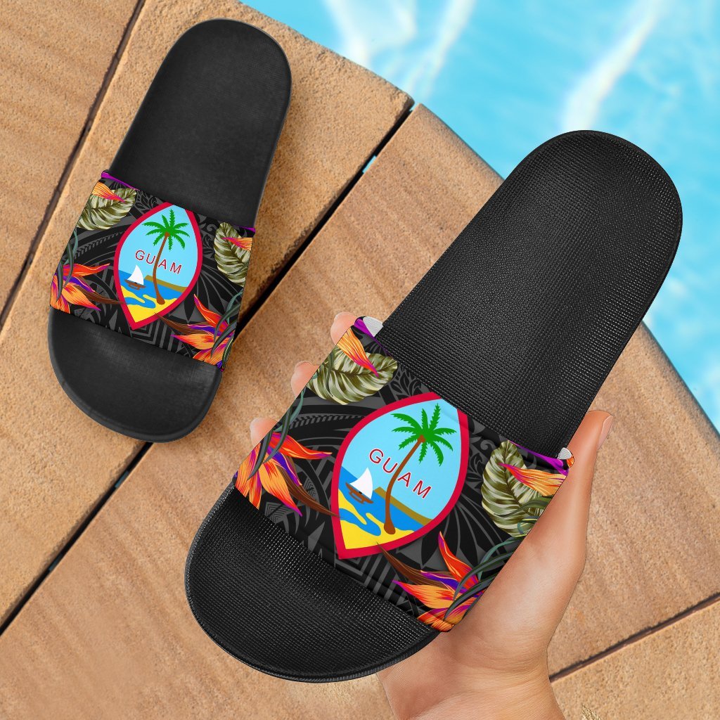 Guam Slide Sandals - Polynesian Hibiscus Pattern Black - Polynesian Pride