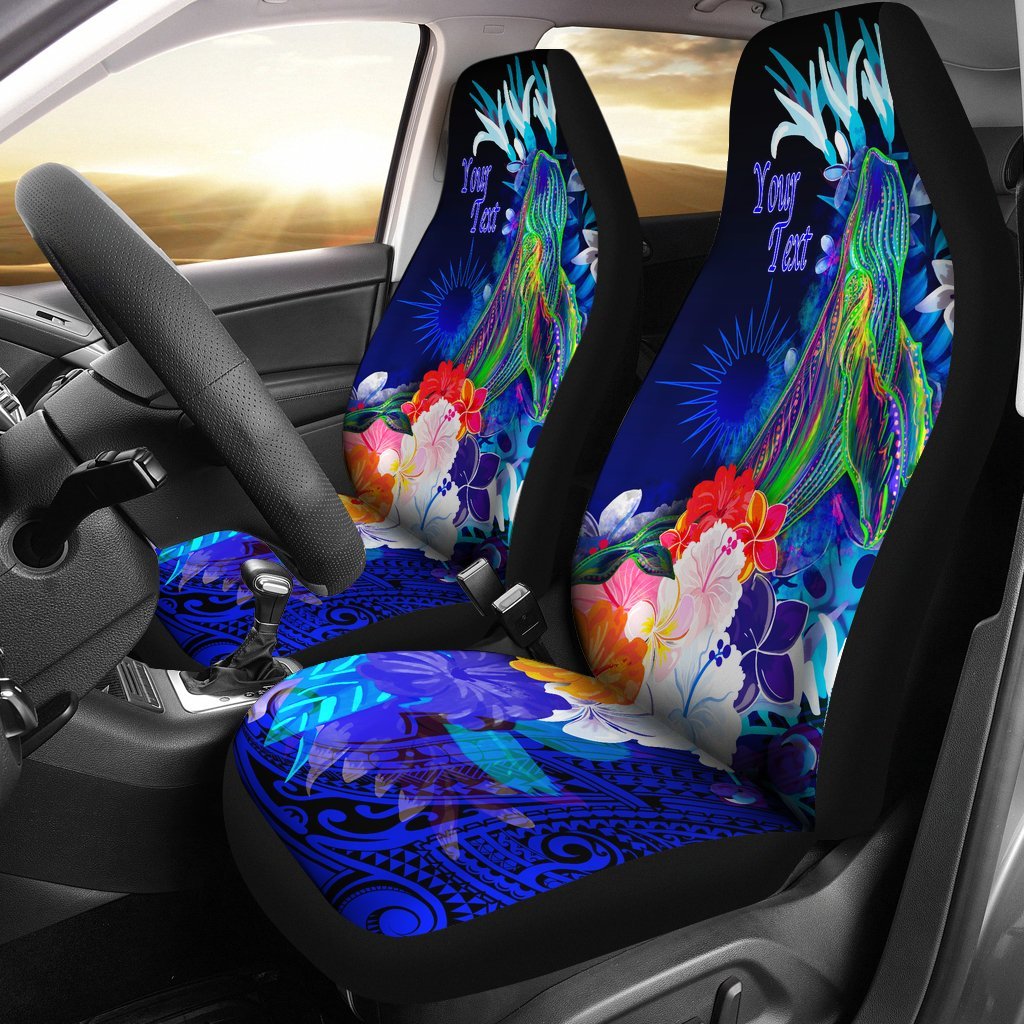 Marshall Islands Custom Personalised Car Seat Covers - Humpback Whale with Tropical Flowers (Blue) Universal Fit Blue - Polynesian Pride