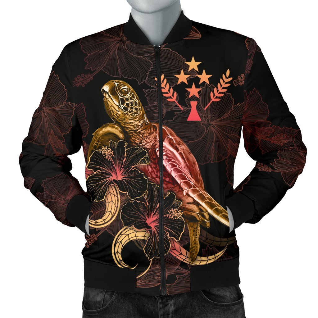 Kosrae Polynesian Men's Bomber Jacket - Turtle With Blooming Hibiscus Gold Gold - Polynesian Pride