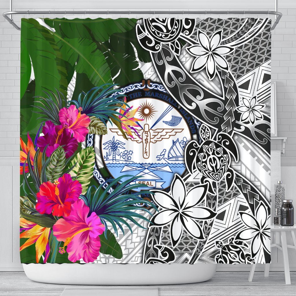 Marshall Islands Shower Curtain White - Turtle Plumeria Banana Leaf Crest 177 x 172 (cm) White - Polynesian Pride