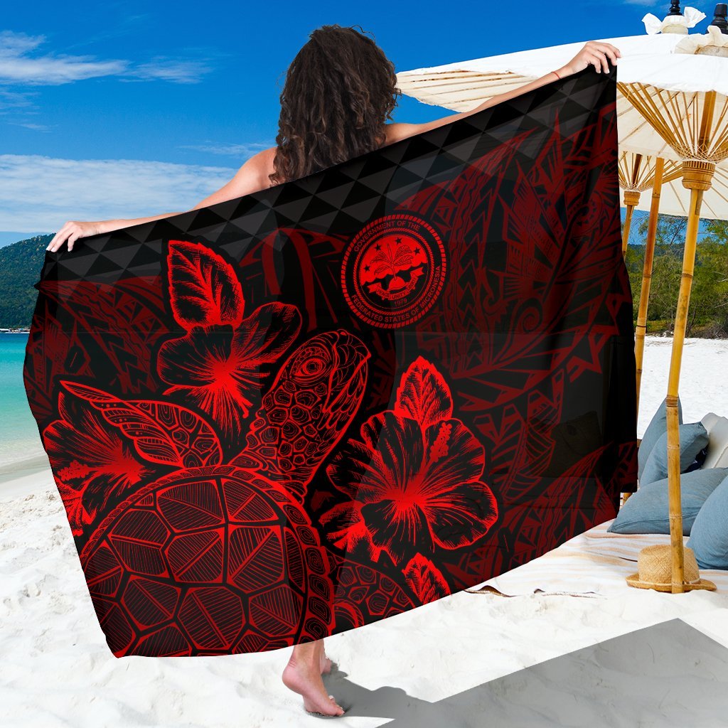 Federated States Of Micronesia Sarong - Turtle Hibiscus Pattern Red Women One Size Black - Polynesian Pride