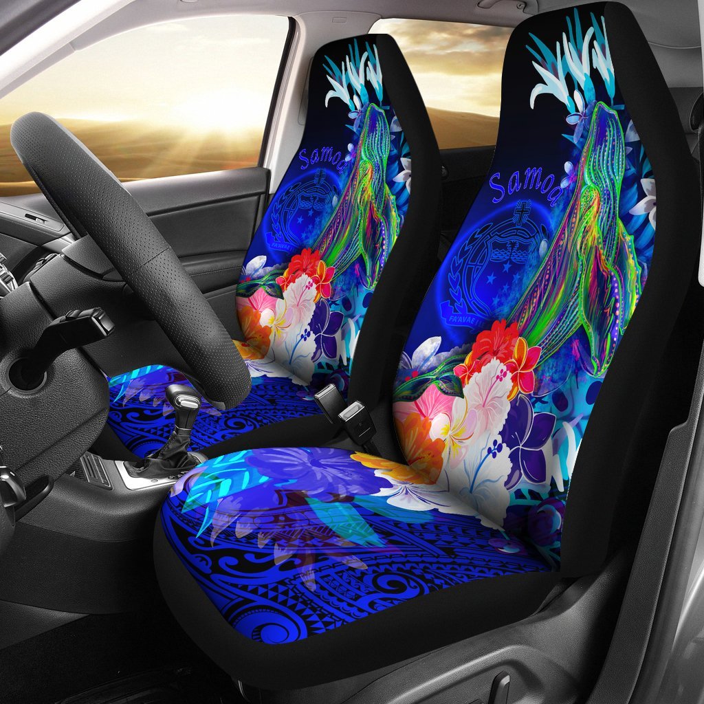 Samoa Car Seat Covers - Humpback Whale with Tropical Flowers (Blue) Universal Fit Blue - Polynesian Pride