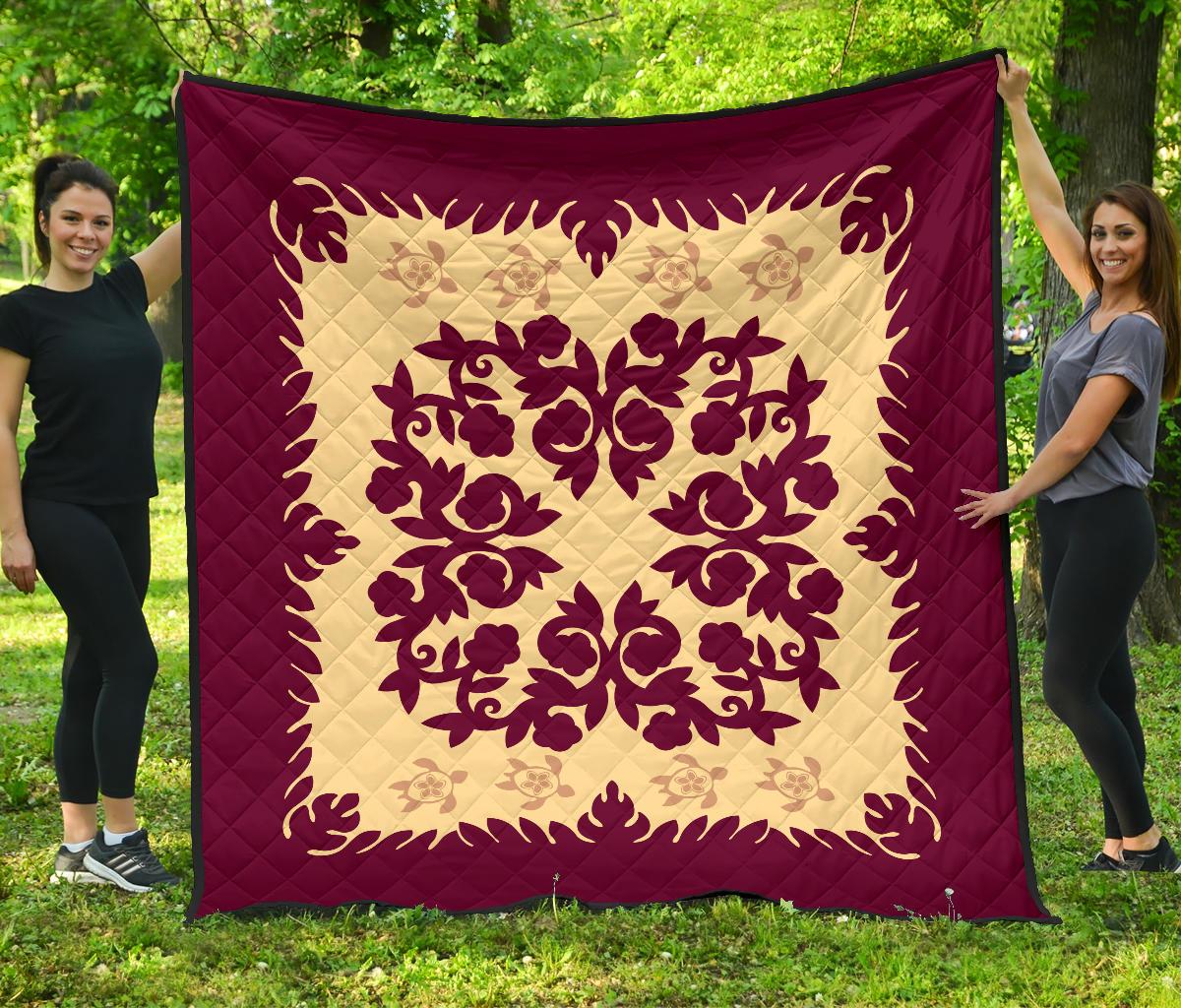 Hawaii Premium Quilt - Hawaiian Quilt Plumeria Medallion Burgundy - AH Red - Polynesian Pride