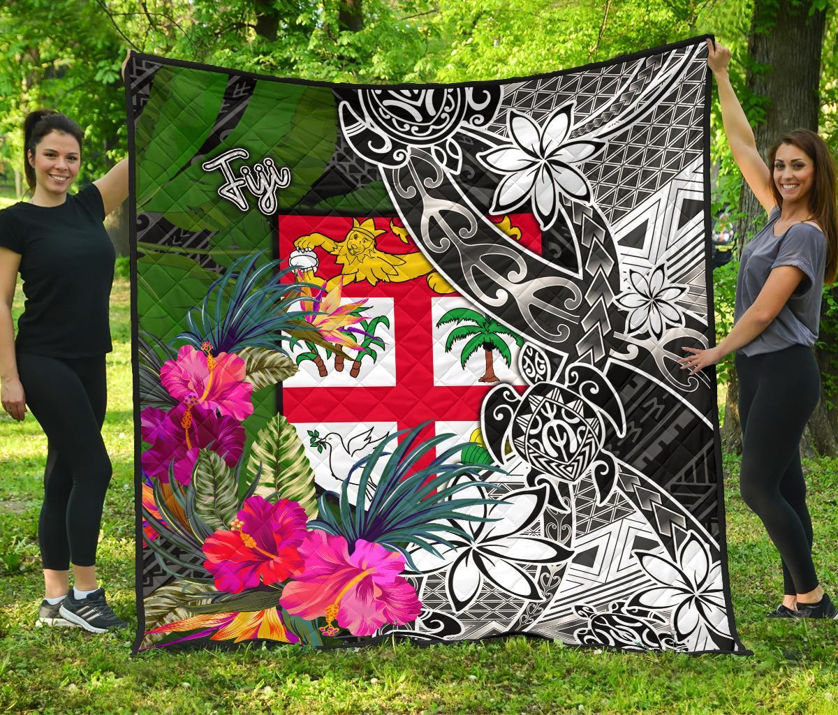 Fiji Premium Quilt - Turtle Plumeria Banana Leaf Black - Polynesian Pride