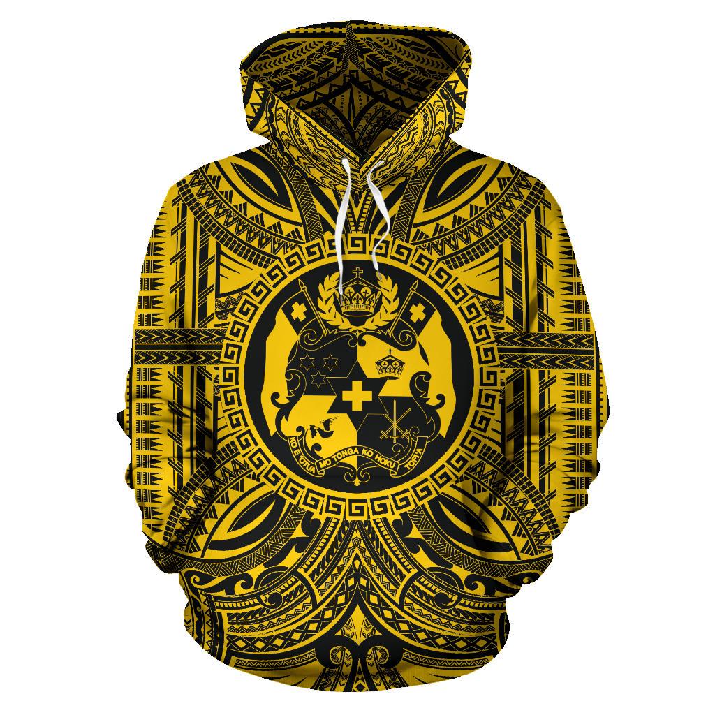 Tonga ll Over Hoodie Tonga Coat of rms Polynesian Gold Black Unisex Gold - Polynesian Pride