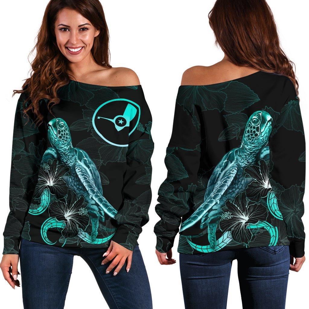 Yap Polynesian Women's Off Shoulder Sweater - Turtle With Blooming Hibiscus Turquoise Turquoise - Polynesian Pride