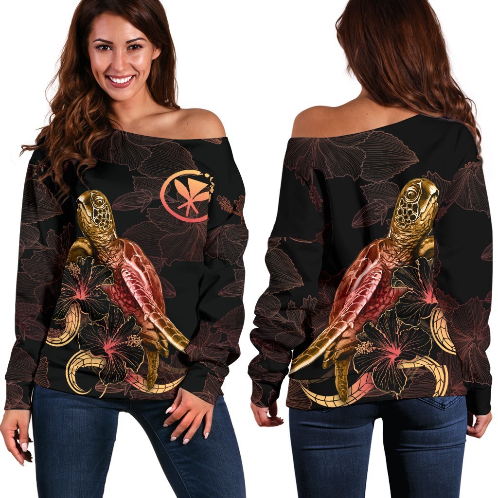 Hawaii Polynesian Women's Off Shoulder Sweater - Turtle With Blooming Hibiscus Gold Gold - Polynesian Pride