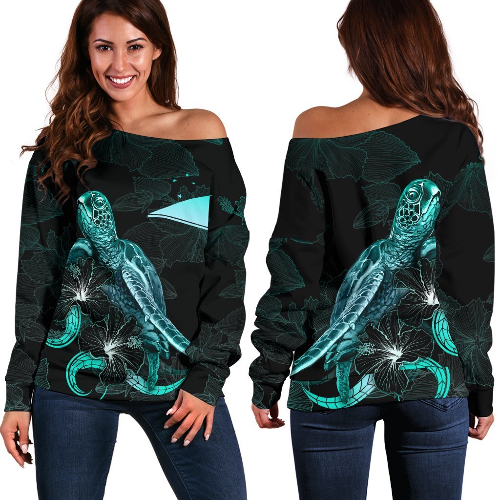 Tokelau Polynesian Women's Off Shoulder Sweater - Turtle With Blooming Hibiscus Turquoise Turquoise - Polynesian Pride