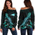 Tokelau Polynesian Women's Off Shoulder Sweater - Turtle With Blooming Hibiscus Turquoise Turquoise - Polynesian Pride