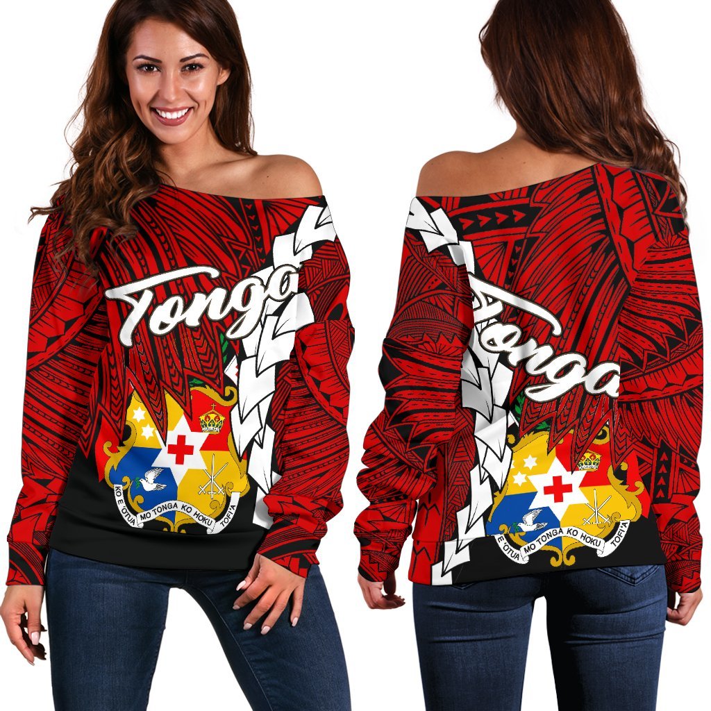 Tonga Polynesian Women's Off Shoulder Sweater - Tribal Wave Tattoo Flag Color Red - Polynesian Pride