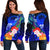 Federated States of Micronesia Women's Off Shoulder Sweater - Humpback Whale with Tropical Flowers (Blue) Blue - Polynesian Pride