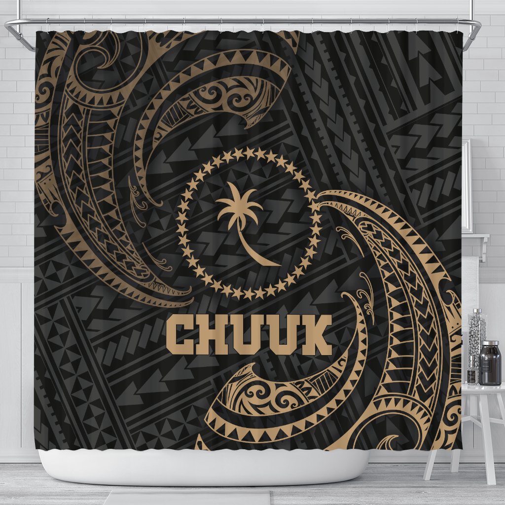 Chuuk Micronesia Shower Curtain - Gold Tribal Wave 177 x 172 (cm) Black - Polynesian Pride