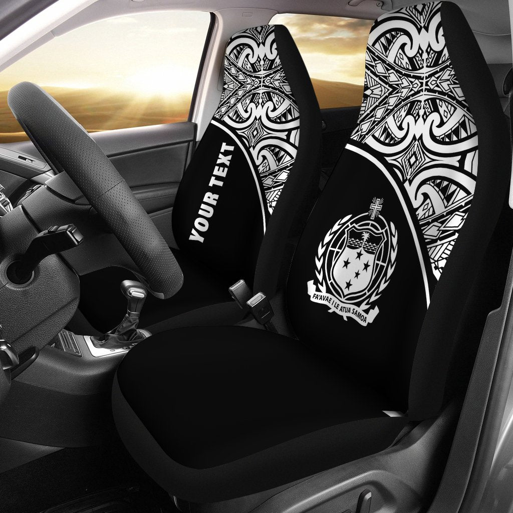Samoa Custom Personalised Car Seat Covers - Samoa Coat Of Arms Polynesian White Curve Universal Fit Black - Polynesian Pride