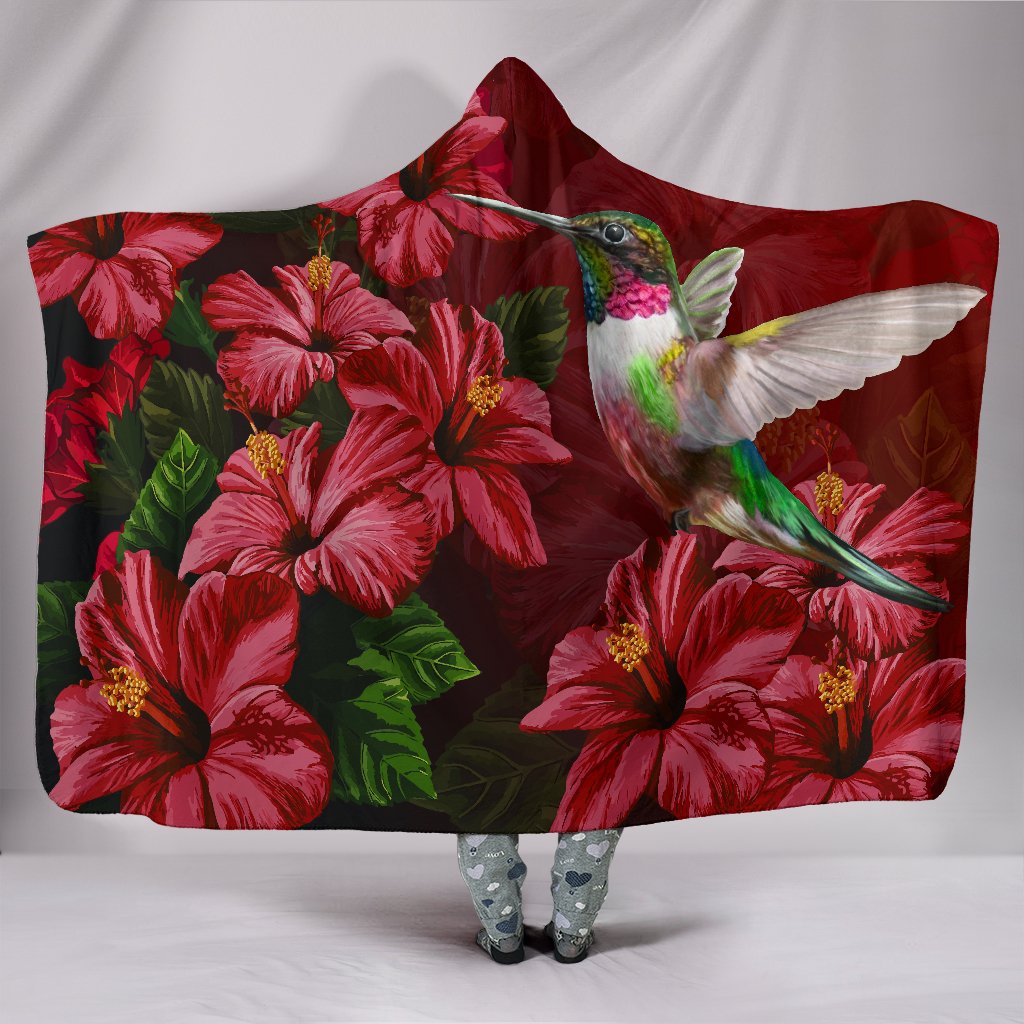 Hawaii Red Hibiscus Humming Bird Hooded Blanket Hooded Blanket Red - Polynesian Pride