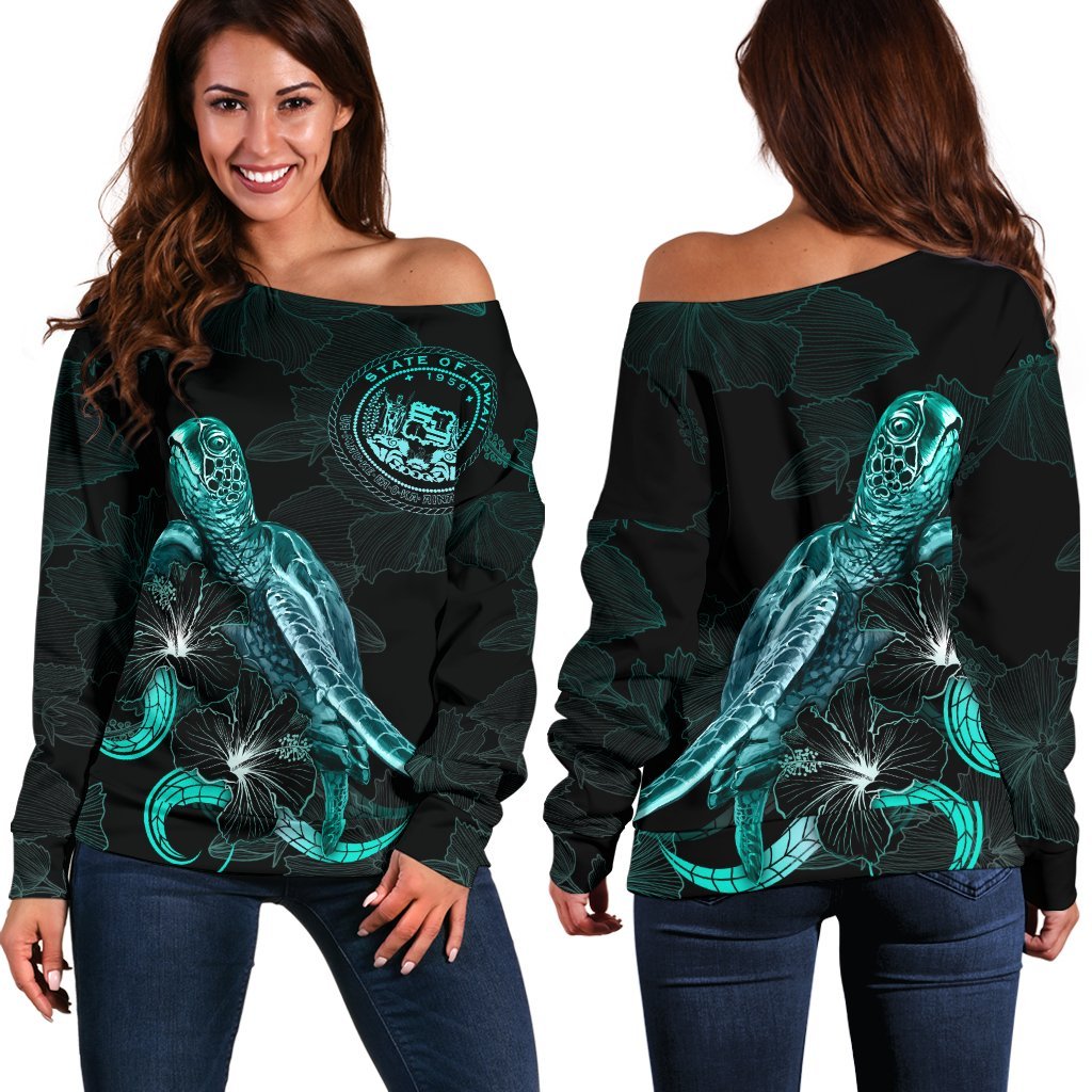 Hawaii Polynesian Women's Off Shoulder Sweater - Turtle With Blooming Hibiscus Turquoise Turquoise - Polynesian Pride