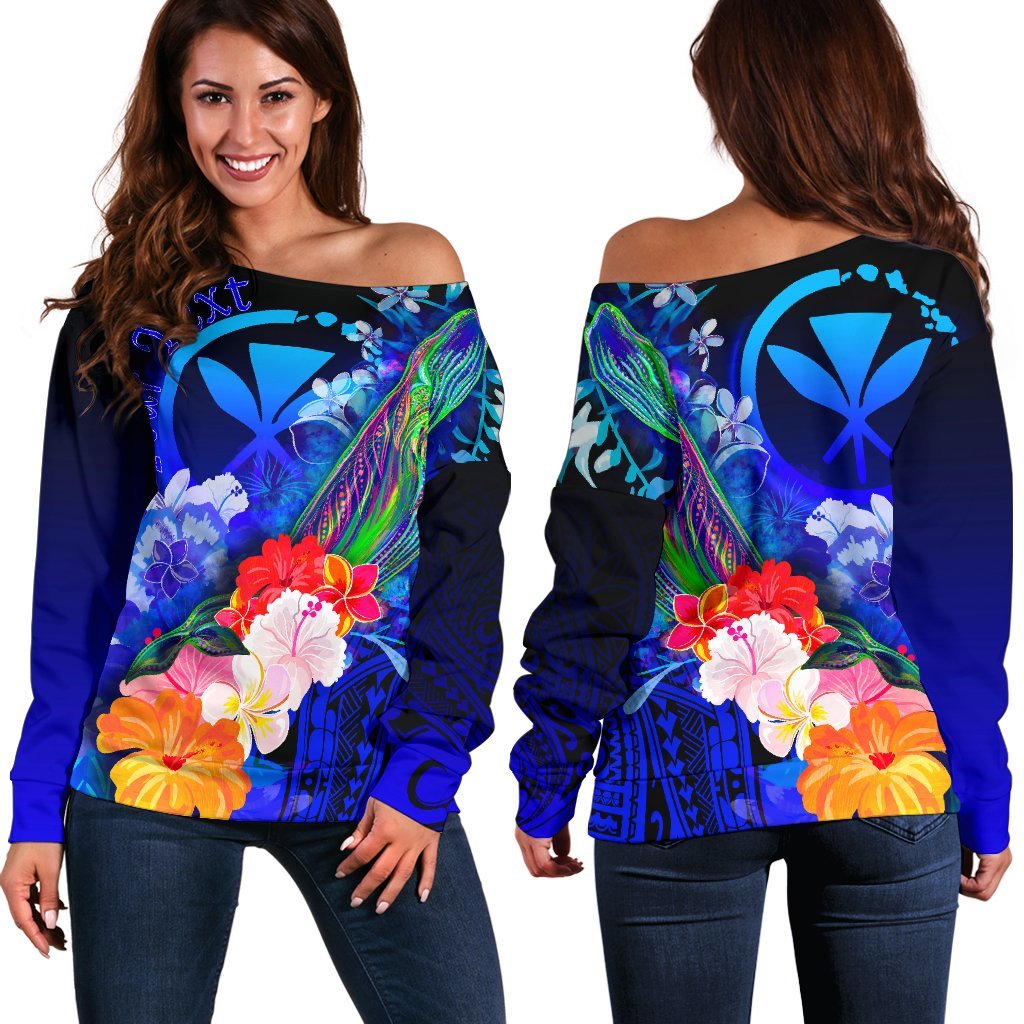 Polynesian Hawaii Custom Personalised Premium Women's Off Shoulder Sweater - Kanaka Maoli Humpback Whale with Tropical Flowers (Blue) Blue - Polynesian Pride