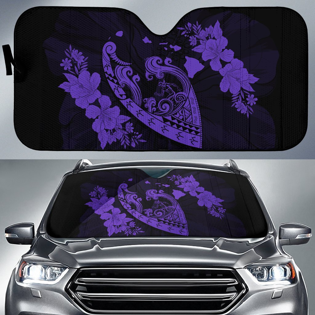 Hawaii Hibiscus Banzai Surfing Car Sun Shade - AH - Purple Auto Sun Shade Universal Fit Purple - Polynesian Pride